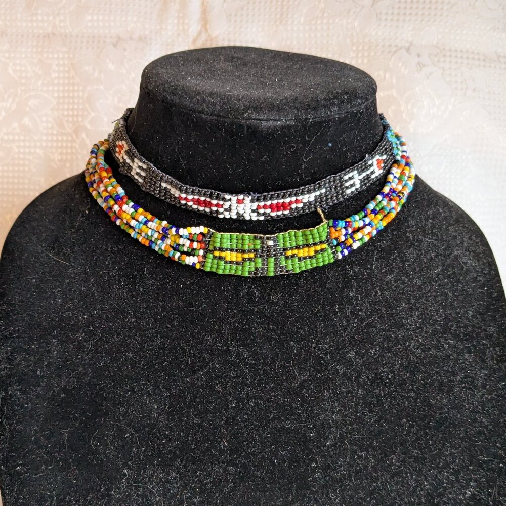 Vintage 1970s Woven Seed Bead Choker Necklace Set